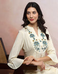 Paisley Embroidered Shirt-Style Kurti with Smocked Sleeves & Back Detail