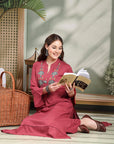 Paisley Embroidered Shirt-Style Kurti with Smocked Sleeves & Back Detail