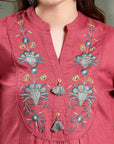 Paisley Embroidered Shirt-Style Kurti with Smocked Sleeves & Back Detail
