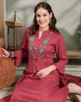 Paisley Embroidered Shirt-Style Kurti with Smocked Sleeves & Back Detail
