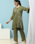 Solid A-Line Viscose Rayon Kurta Set with Thread Embroidery & Bell Sleeves