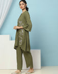 Solid A-Line Viscose Rayon Kurta Set with Thread Embroidery & Bell Sleeves