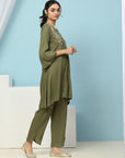 Solid A-Line Viscose Rayon Kurta Set with Thread Embroidery & Bell Sleeves
