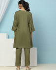 Solid A-Line Viscose Rayon Kurta Set with Thread Embroidery & Bell Sleeves