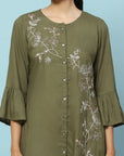 Solid A-Line Viscose Rayon Kurta Set with Thread Embroidery & Bell Sleeves