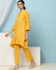 Solid A-Line Viscose Rayon Kurta Set with Thread Embroidery & Bell Sleeves