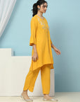 Solid A-Line Viscose Rayon Kurta Set with Thread Embroidery & Bell Sleeves