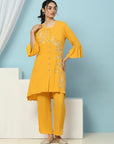 Solid A-Line Viscose Rayon Kurta Set with Thread Embroidery & Bell Sleeves
