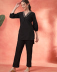Solid Straight Cotton Blend Kurta Set with Zari Embroidery