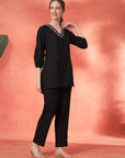 Solid Straight Cotton Blend Kurta Set with Zari Embroidery