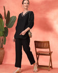 Solid Straight Cotton Blend Kurta Set with Zari Embroidery