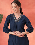 Solid Straight Cotton Blend Kurta Set with Zari Embroidery
