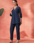 Solid Straight Cotton Blend Kurta Set with Zari Embroidery