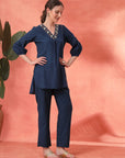 Solid Straight Cotton Blend Kurta Set with Zari Embroidery