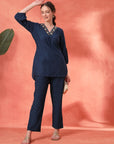 Solid Straight Cotton Blend Kurta Set with Zari Embroidery