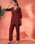 Solid Straight Cotton Blend Kurta Set with Zari Embroidery