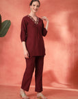 Solid Straight Cotton Blend Kurta Set with Zari Embroidery