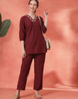 Solid Straight Cotton Blend Kurta Set with Zari Embroidery