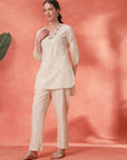 Solid Straight Cotton Blend Kurta Set with Zari Embroidery