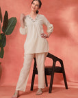 Solid Straight Cotton Blend Kurta Set with Zari Embroidery