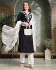 Thread Embroidered V-Neck Cotton Kurta Set with Palazzo & Solid Dupatta