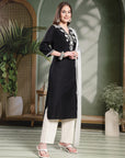Thread Embroidered V-Neck Cotton Kurta Set with Palazzo & Solid Dupatta