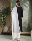 Thread Embroidered V-Neck Cotton Kurta Set with Palazzo & Solid Dupatta