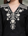 Thread Embroidered V-Neck Cotton Kurta Set with Palazzo & Solid Dupatta