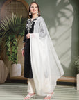 Thread Embroidered V-Neck Cotton Kurta Set with Palazzo & Solid Dupatta