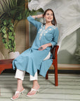 Thread Embroidered V-Neck Cotton Kurta Set with Palazzo & Solid Dupatta