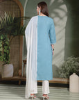 Thread Embroidered V-Neck Cotton Kurta Set with Palazzo & Solid Dupatta