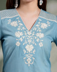 Thread Embroidered V-Neck Cotton Kurta Set with Palazzo & Solid Dupatta