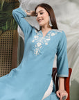 Thread Embroidered V-Neck Cotton Kurta Set with Palazzo & Solid Dupatta