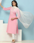 Thread Embroidered V-Neck Cotton Kurta Set with Palazzo & Solid Dupatta