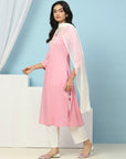 Thread Embroidered V-Neck Cotton Kurta Set with Palazzo & Solid Dupatta