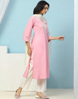 Thread Embroidered V-Neck Cotton Kurta Set with Palazzo & Solid Dupatta