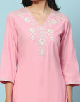 Thread Embroidered V-Neck Cotton Kurta Set with Palazzo & Solid Dupatta