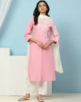 Thread Embroidered V-Neck Cotton Kurta Set with Palazzo & Solid Dupatta