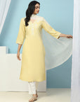 Thread Embroidered V-Neck Cotton Kurta Set with Palazzo & Solid Dupatta