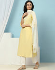 Thread Embroidered V-Neck Cotton Kurta Set with Palazzo & Solid Dupatta