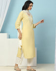 Thread Embroidered V-Neck Cotton Kurta Set with Palazzo & Solid Dupatta