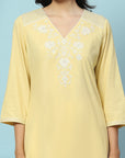 Thread Embroidered V-Neck Cotton Kurta Set with Palazzo & Solid Dupatta