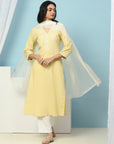 Thread Embroidered V-Neck Cotton Kurta Set with Palazzo & Solid Dupatta