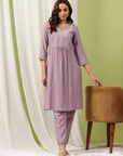 Silk Blend Embroidered Kurta Set with Palazzo & Lace Hem