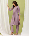 Silk Blend Embroidered Kurta Set with Palazzo & Lace Hem