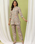 Floral Print Straight Tunic & Palazzo Set with Embroidery and Shirt Collar