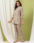 Floral Print Straight Tunic & Palazzo Set with Embroidery and Shirt Collar