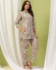 Floral Print Straight Tunic & Palazzo Set with Embroidery and Shirt Collar