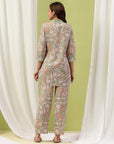 Floral Print Straight Tunic & Palazzo Set with Embroidery and Shirt Collar