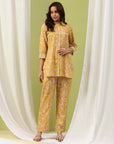 Floral Print Straight Tunic & Palazzo Set with Embroidery and Shirt Collar